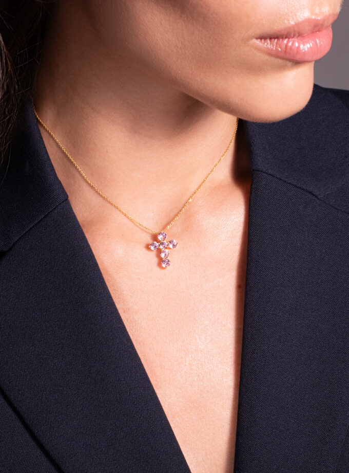 Колье крест с розовыми сапфирами