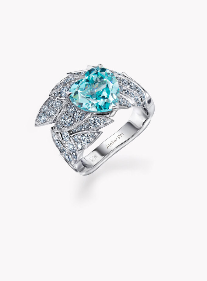 Кольцо крыло с турмалином и муассанитами, белое золото